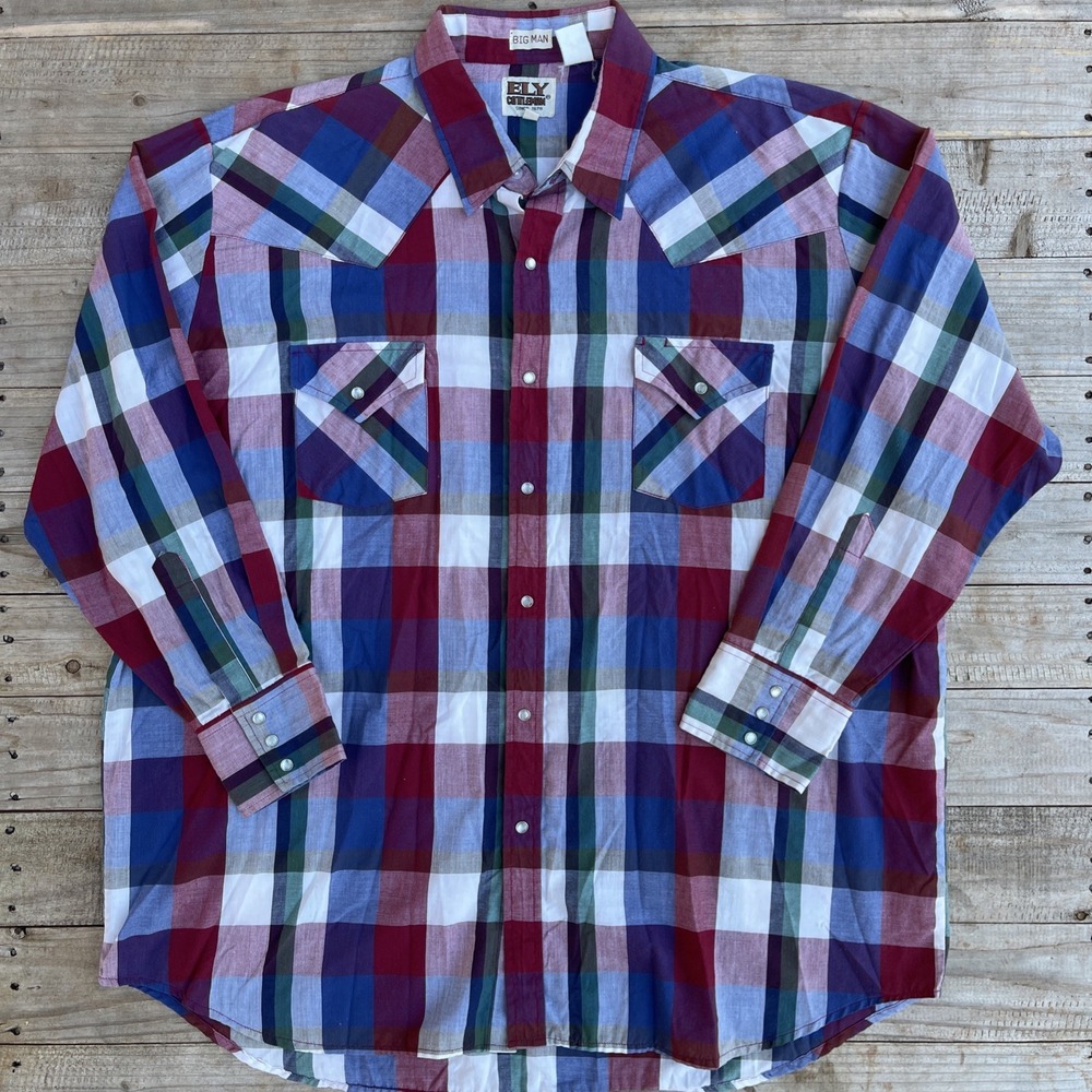Ely Cattleman Big Man 2XL Plaid Pearl Snap Western Shirt Cowboy Long Sleeve